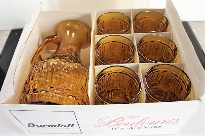 Service amber glasses and Bormioli decanter