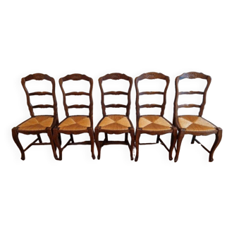 Set of 5 straw and wood chairs