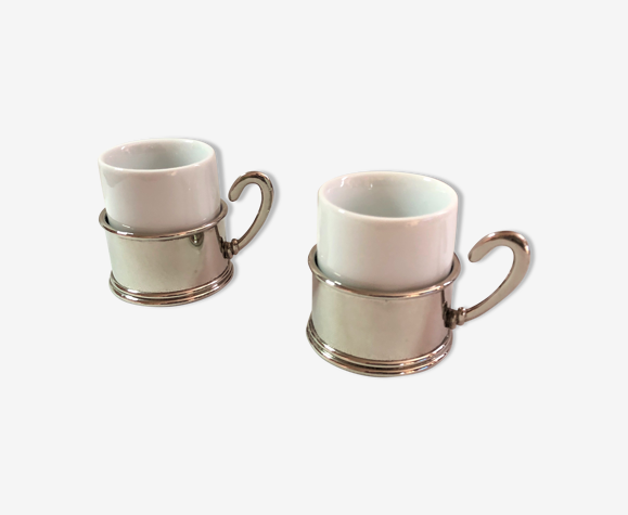 Lot deux tasses porcelaine et support métal argenté
