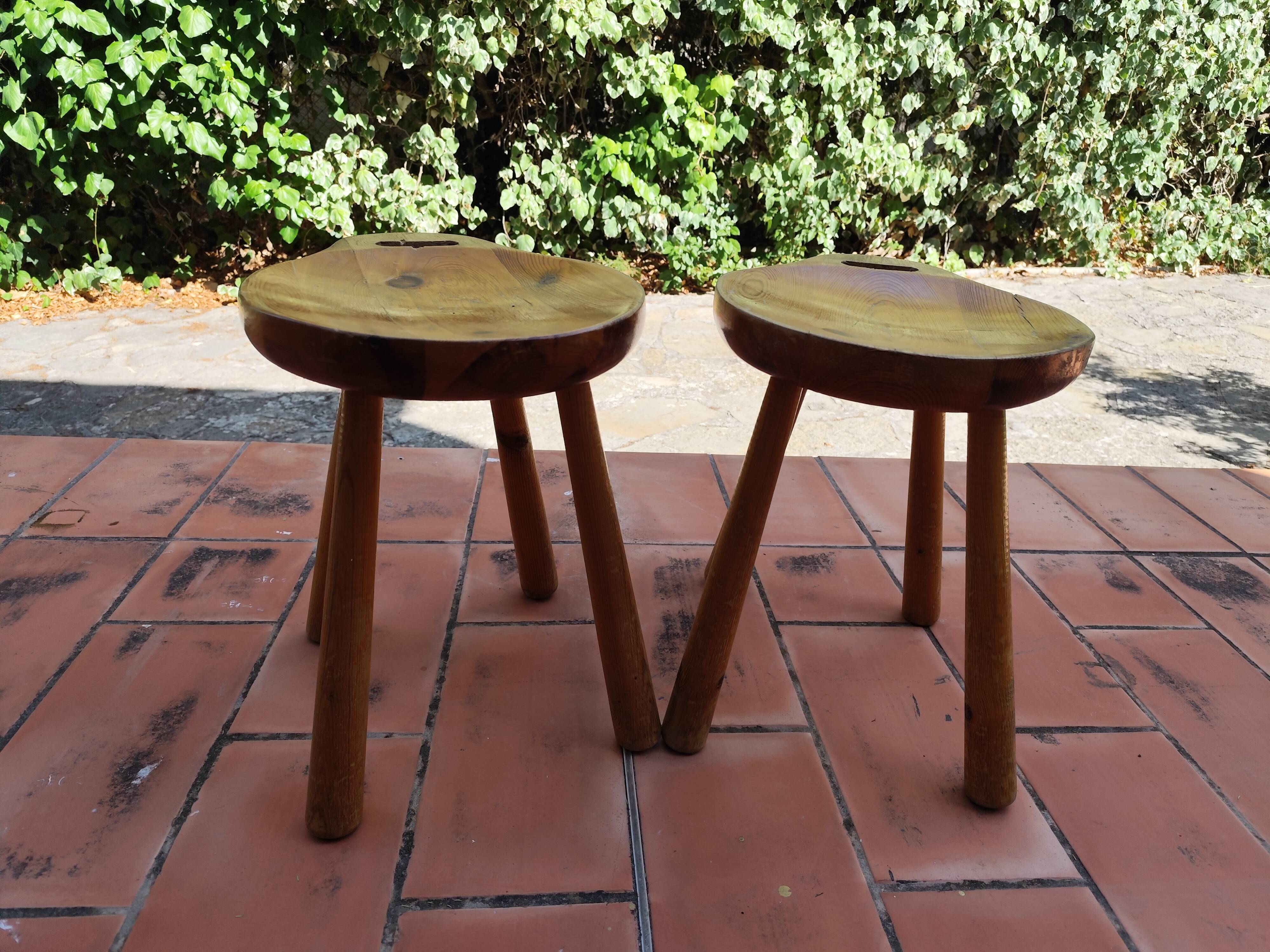 Pair of vintage 1960s solid pine ovoid Scandinavian stools