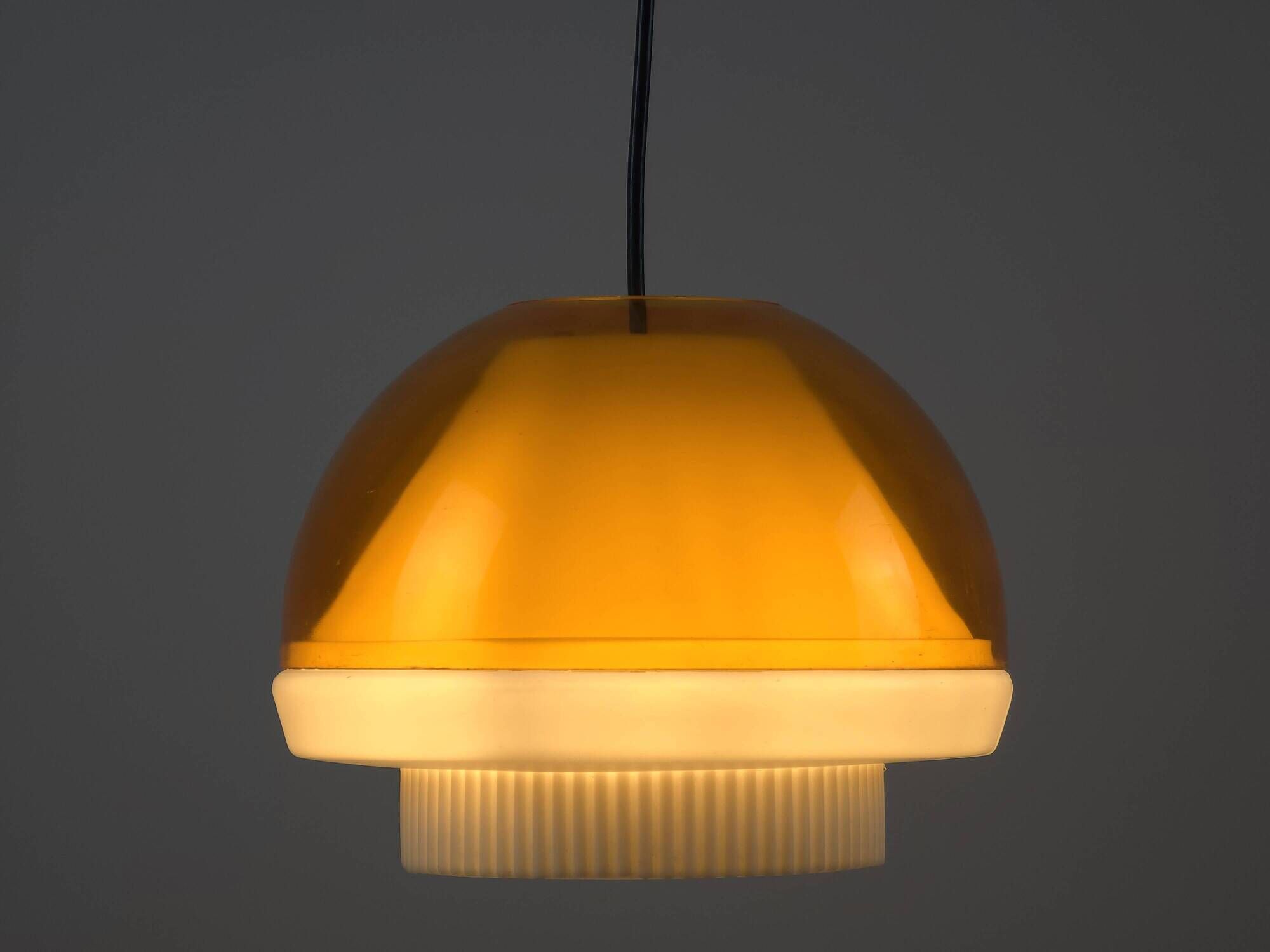 Vintage 1970s Philips Amber Acrylic & White Dome Mushroom UFO Pendant Lamp