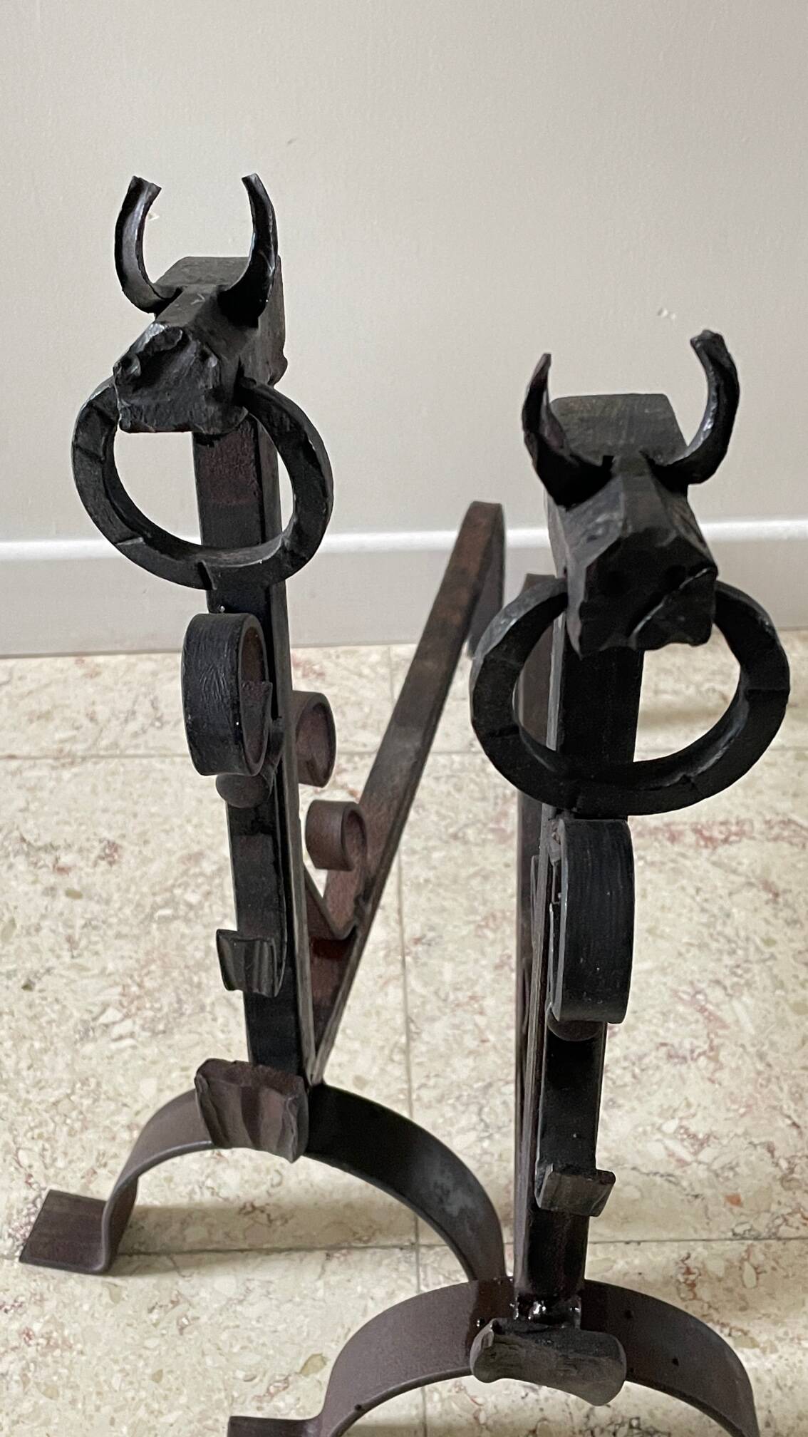 Pair of vintage steel brutalist andirons