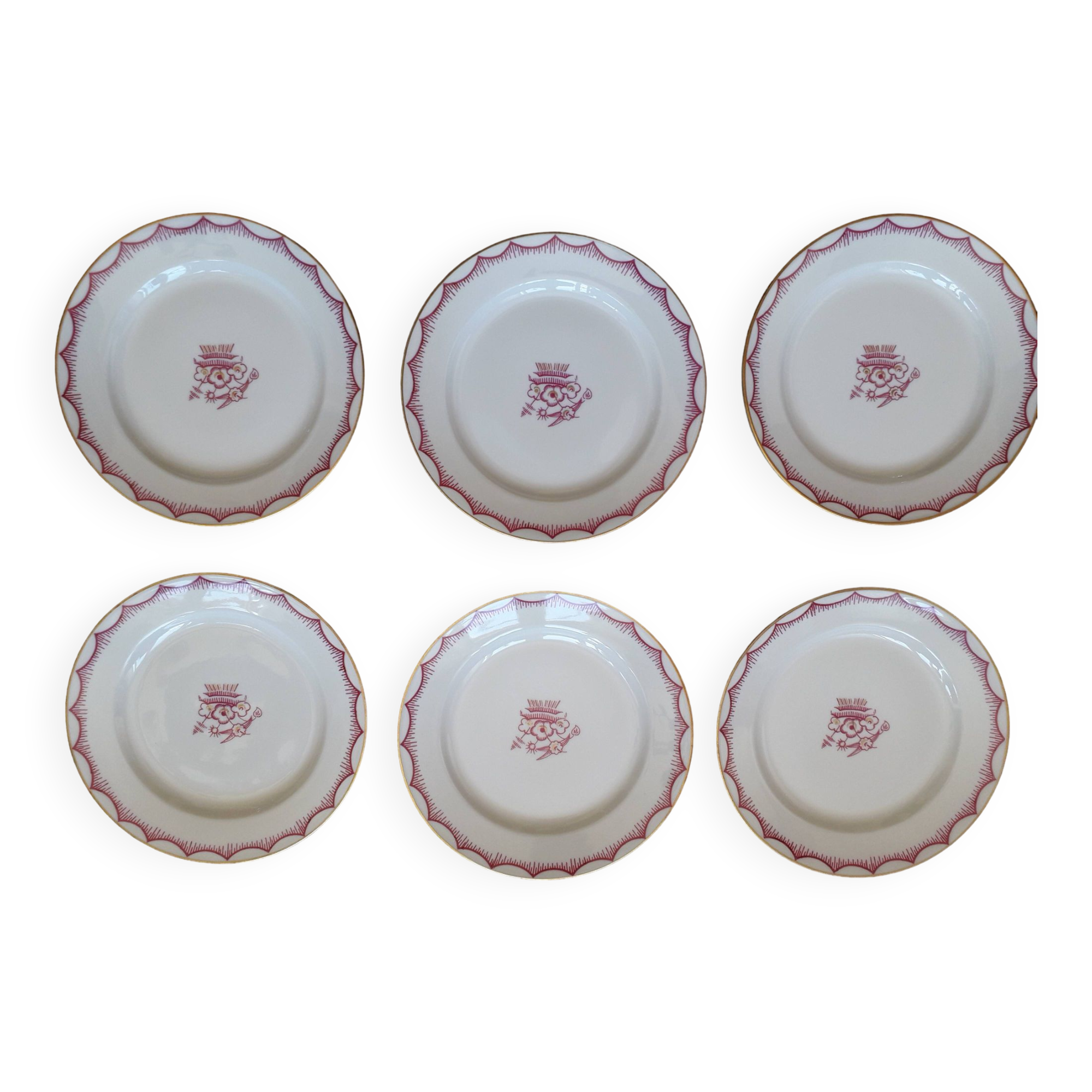 1 set of 6 art-deco dessert plates in Limoges porcelain