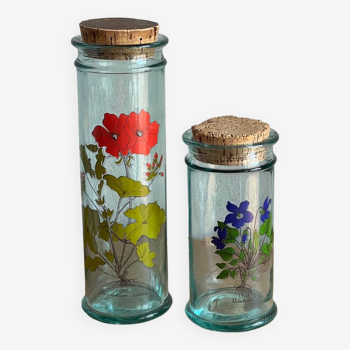 2 screen-printed glass jars with herbarium decor