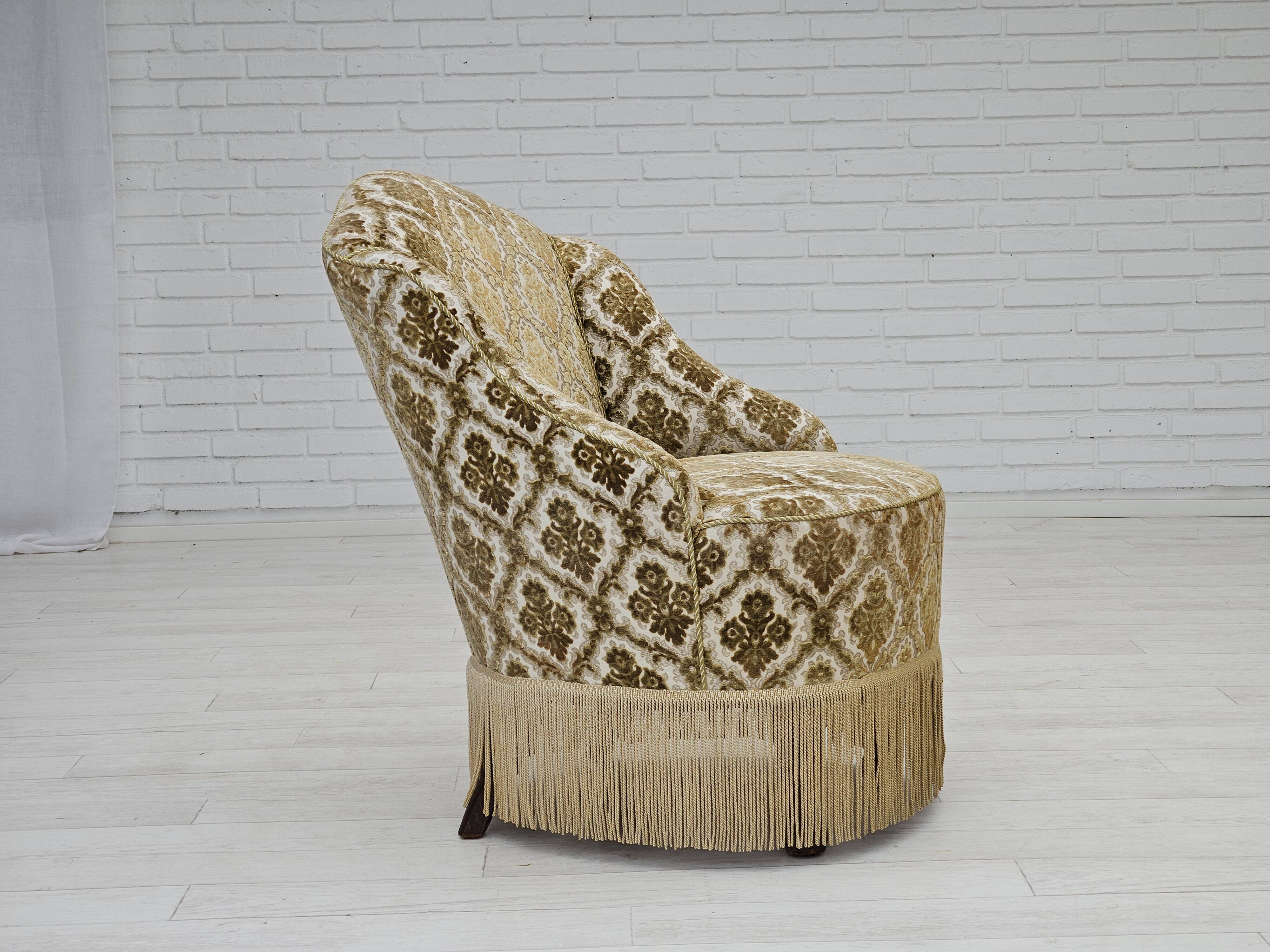 1950s, Danish lounge chair, furniture velour, ash wood legs.