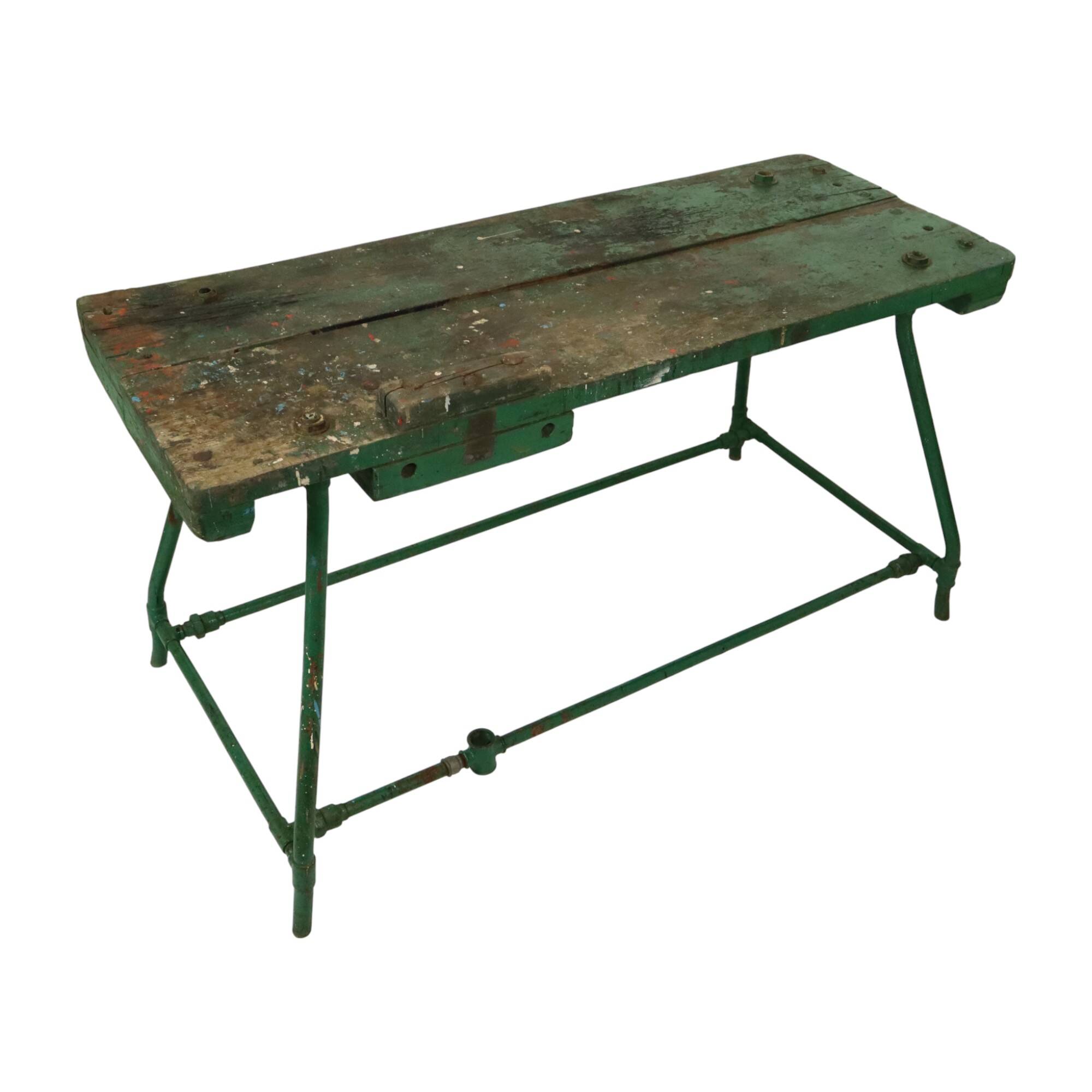 Unique Green Industrial Workbench Work Table Wood Metal 160cm