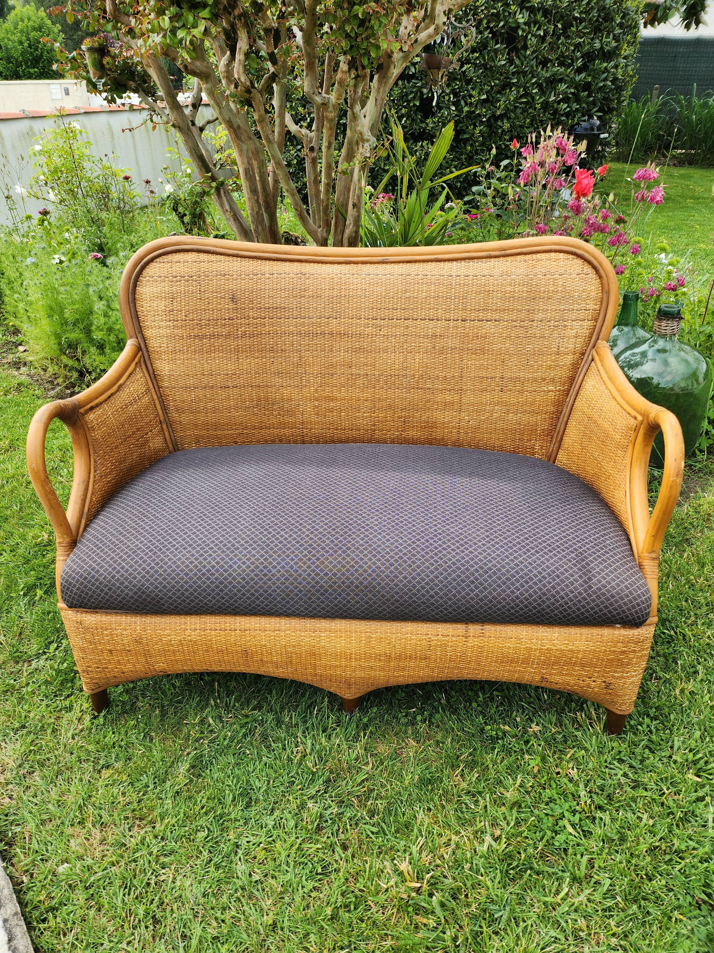 Vintage bench 2 places in rattan and woven rice straw.