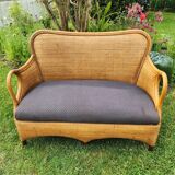 Vintage bench 2 places in rattan and woven rice straw.