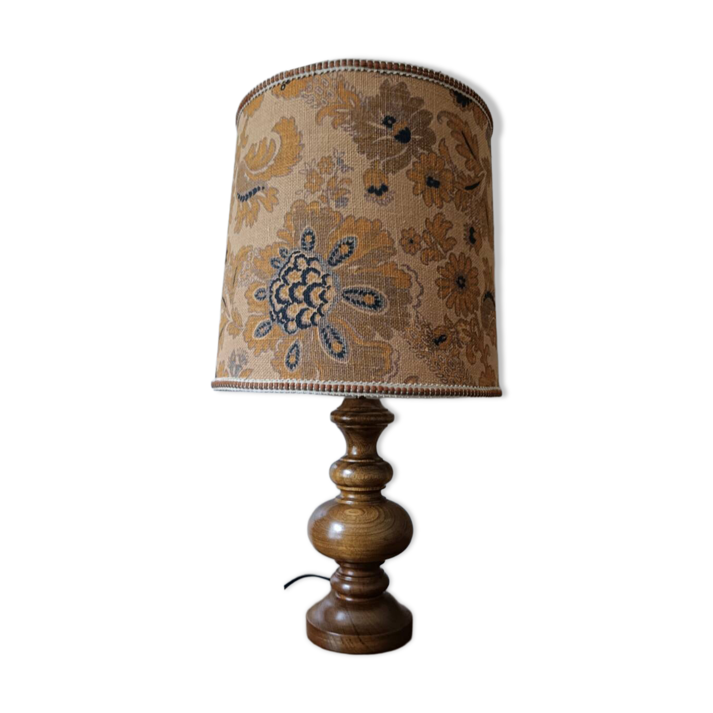 turned wooden lamp with a jute floral shade, authentic sixties