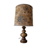 turned wooden lamp with a jute floral shade, authentic sixties
