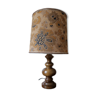 turned wooden lamp with a jute floral shade, authentic sixties