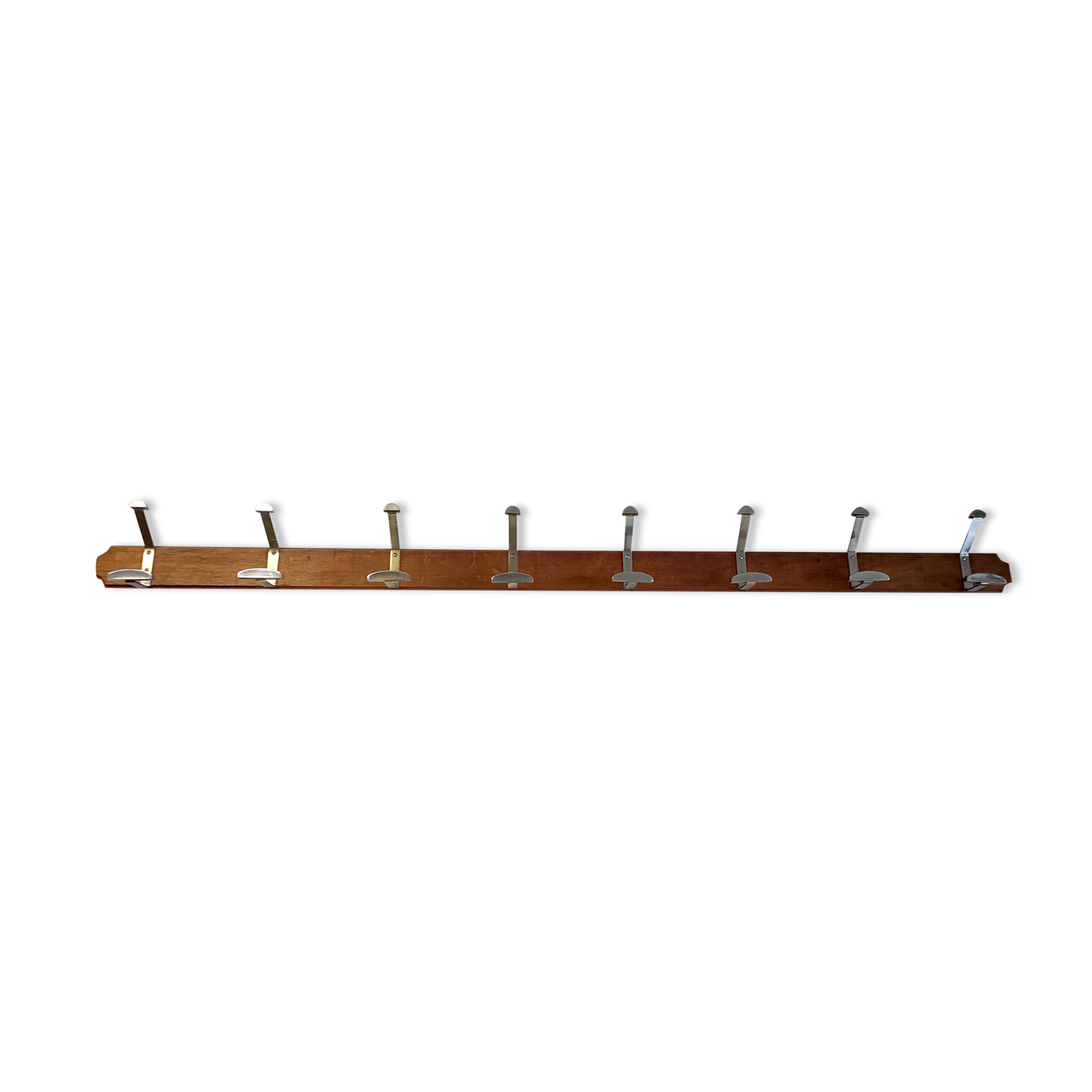 Wooden wall coat rack and chrome hooks – 60s