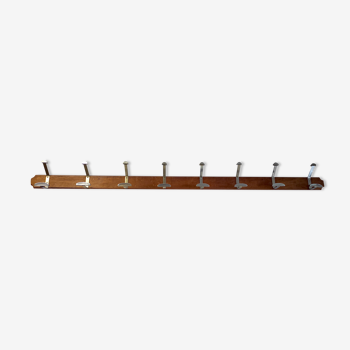 Wooden wall coat rack and chrome hooks – 60s