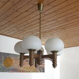 Vintage pendant lam rustic hanging mushroom chandelier wooden light 1970s