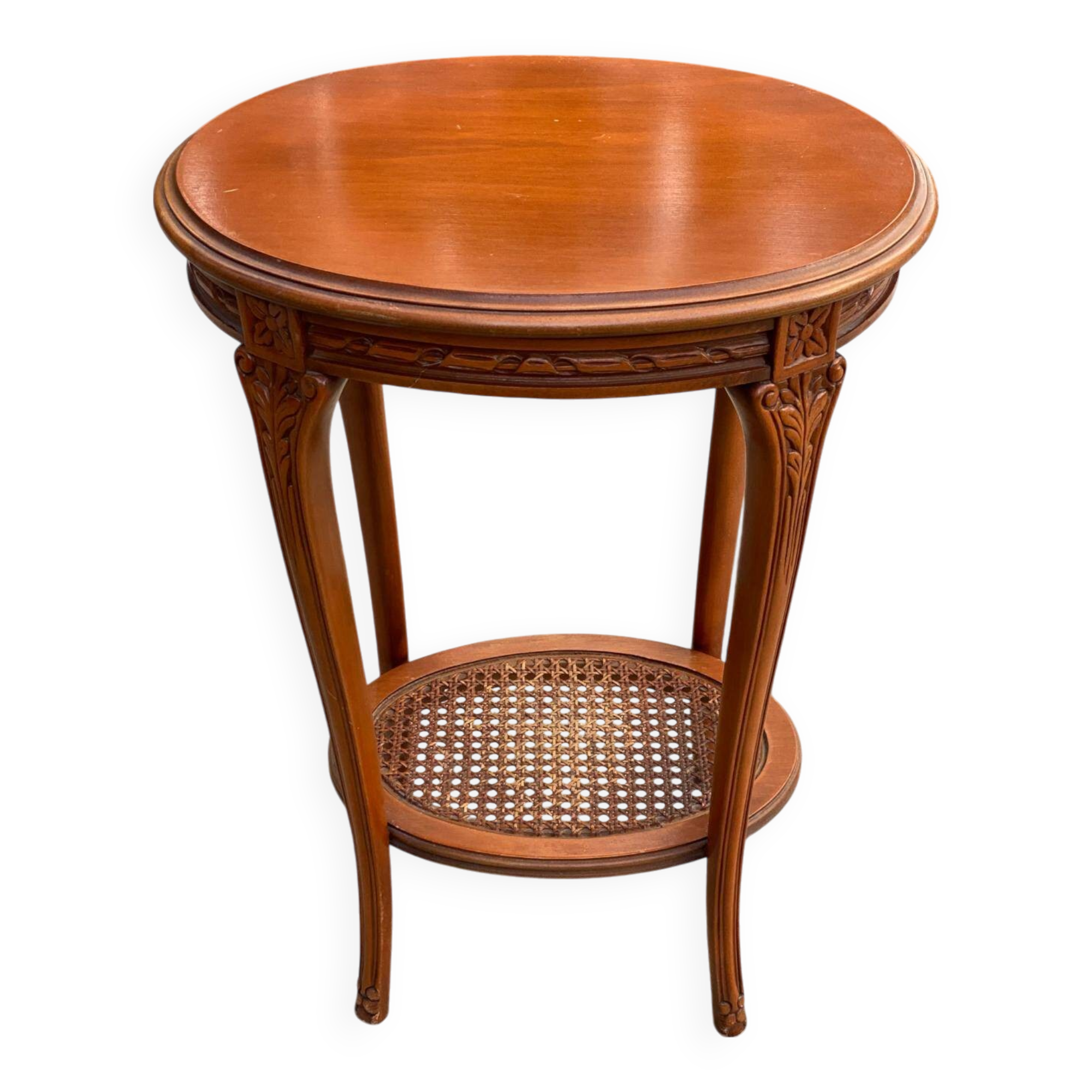 Louis XV oval pedestal table carved in solid cherry wood with cane bedside table