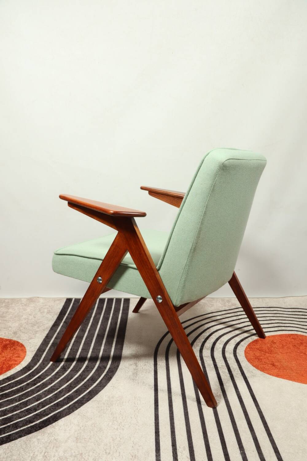 Vintage armchair in natural wool, Le vertu menthe, by Chierowski