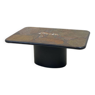 brutalist concrete coffee table and metal inlay