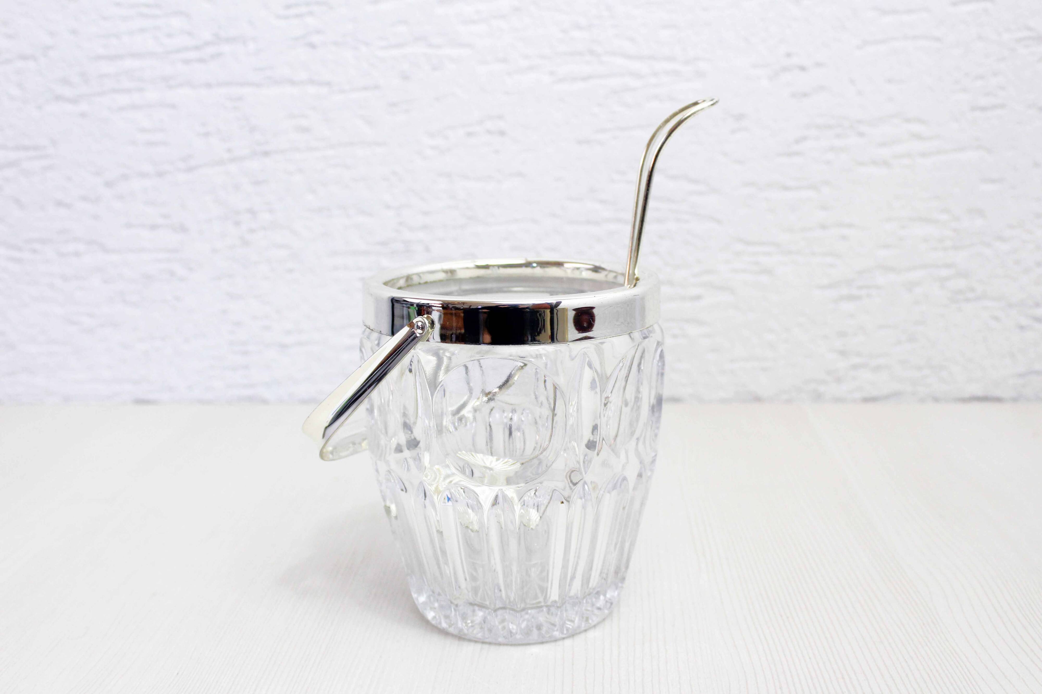 Glass ice bucket with spoon 1970