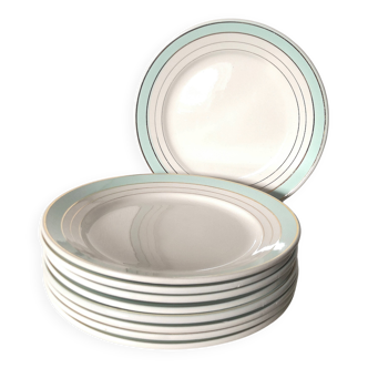 set of 8 Lunéville dessert plates, Regency model, green, white and gold