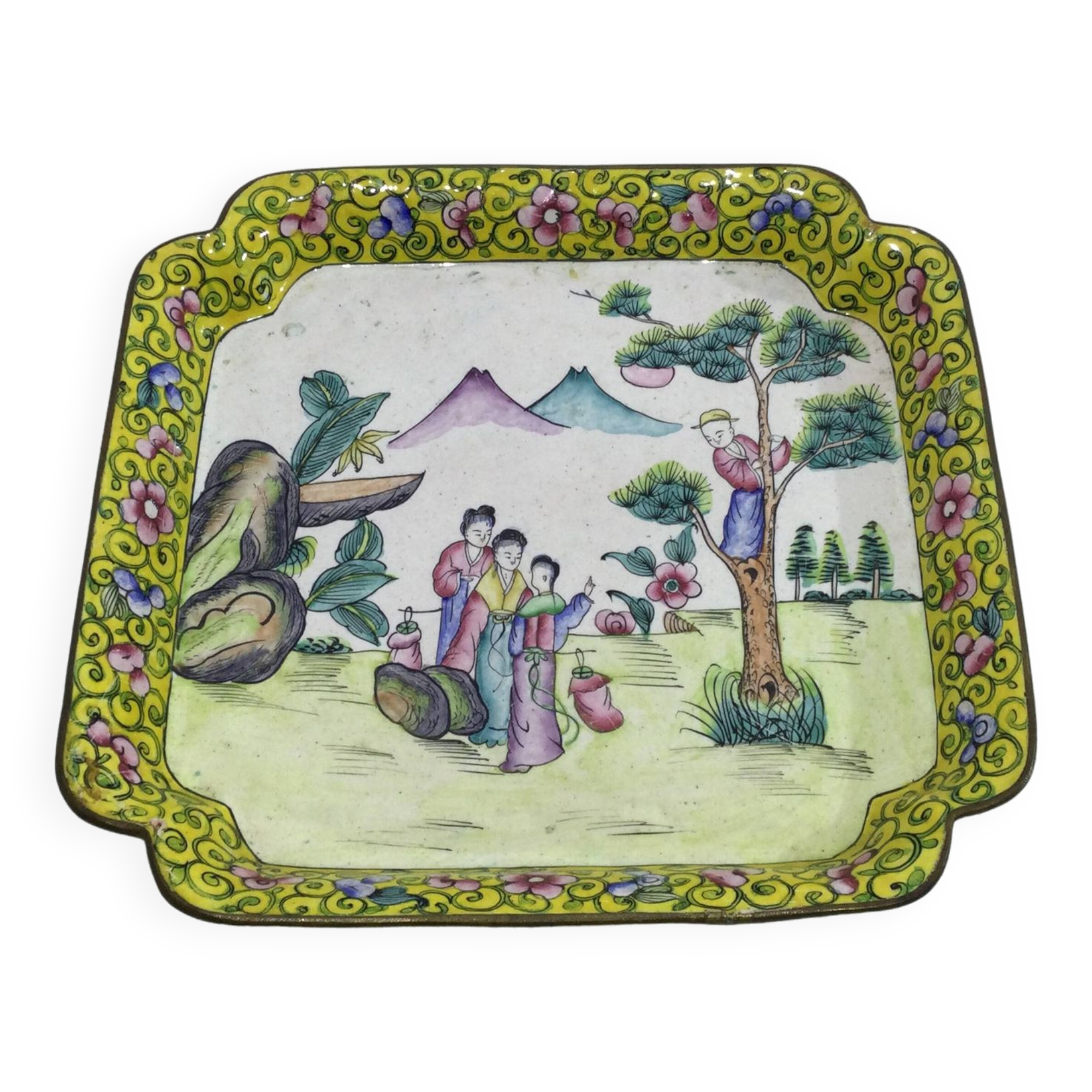 Plateau asiatique en cuivre émaillé