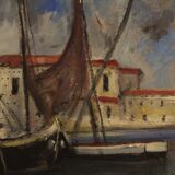 Peinture italienne signée vue sur le port avec des bateaux du 20ème siècle