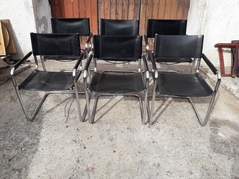 6 Bauhaus armchairs steel and leather / design