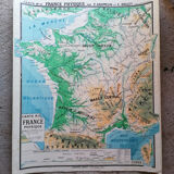 Old physical France map N°11 Hatier Kaeppelin cardboard.