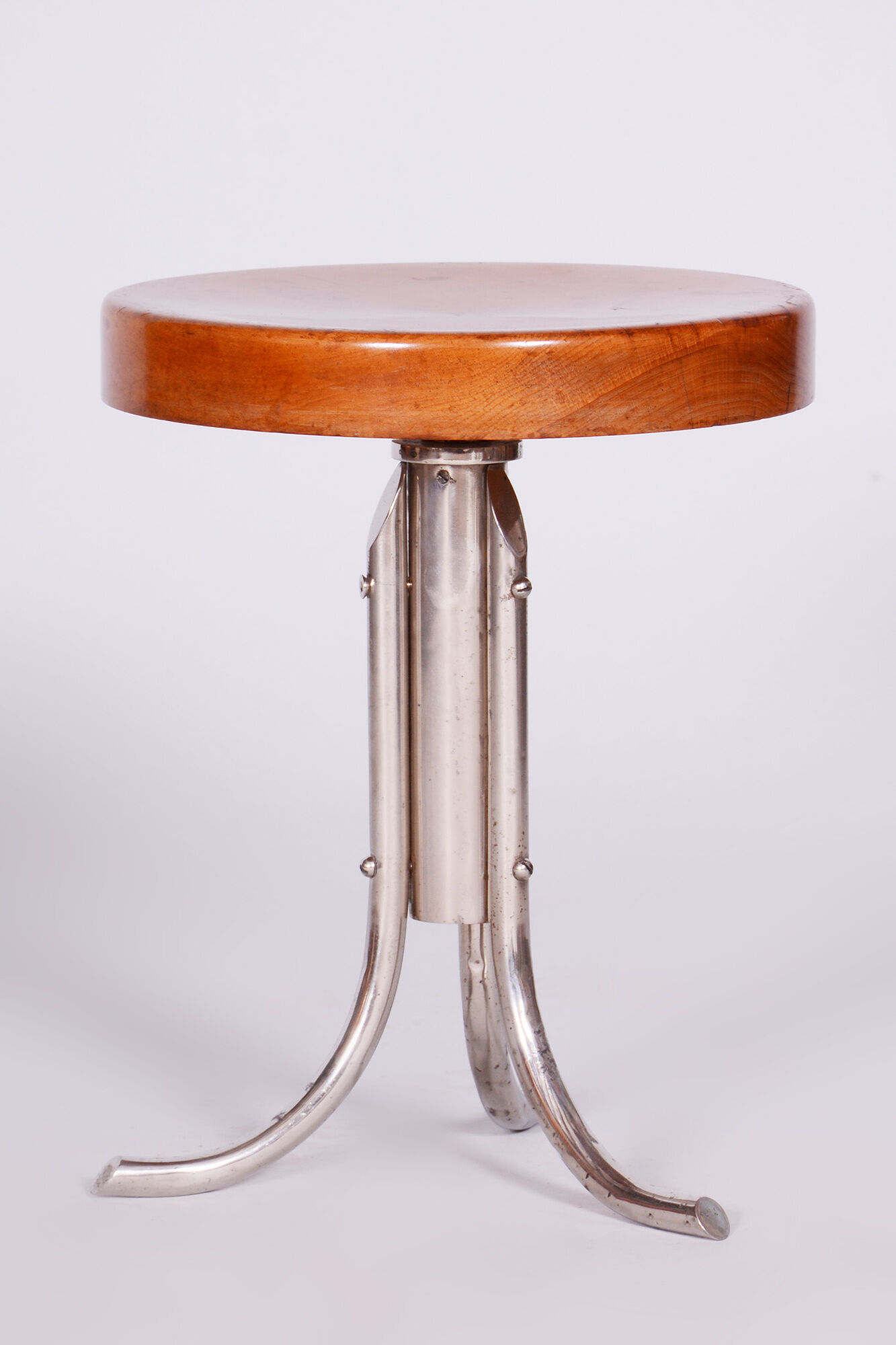 Restored Bauhaus Stool, Mücke Melder, Beech, Chrome-Plated Steel, Czechia, 1930s