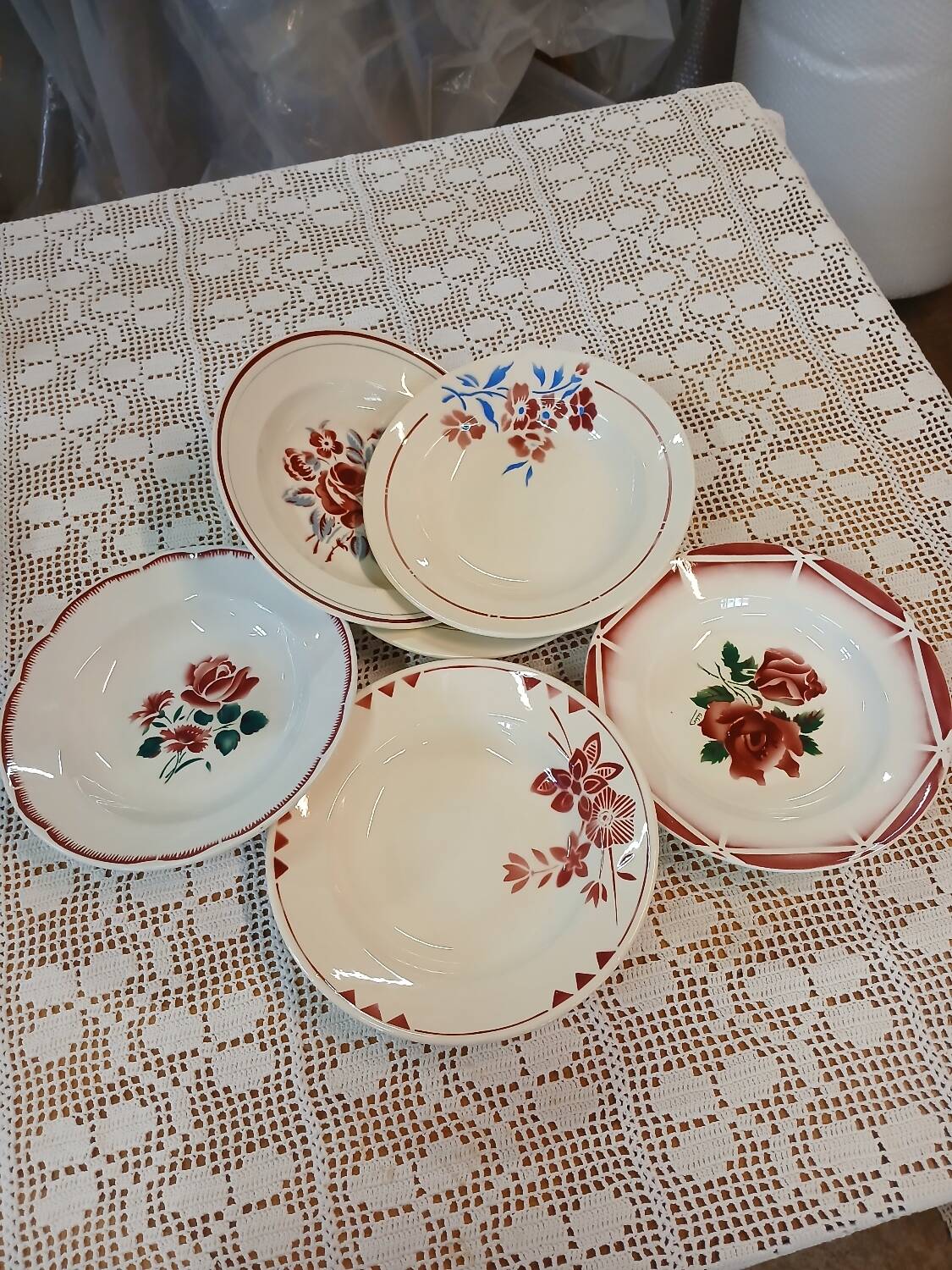 6 mismatched antique soup plates