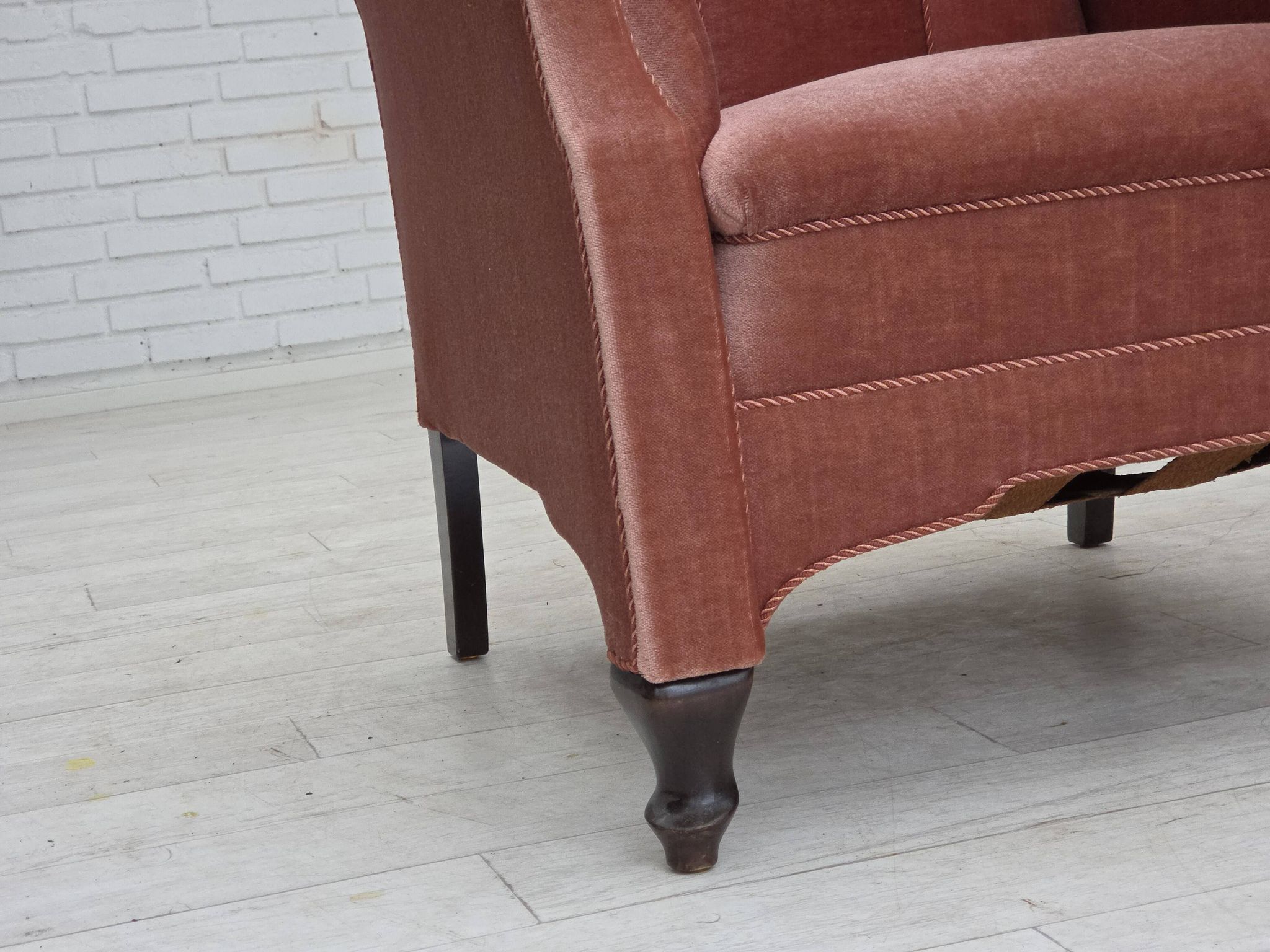 1950s, Danish armchair, salmon pink furniture velour, oak wood.