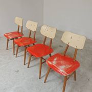 Set of 4 Ton (Thonet) red wooden chairs from the 1960s.
