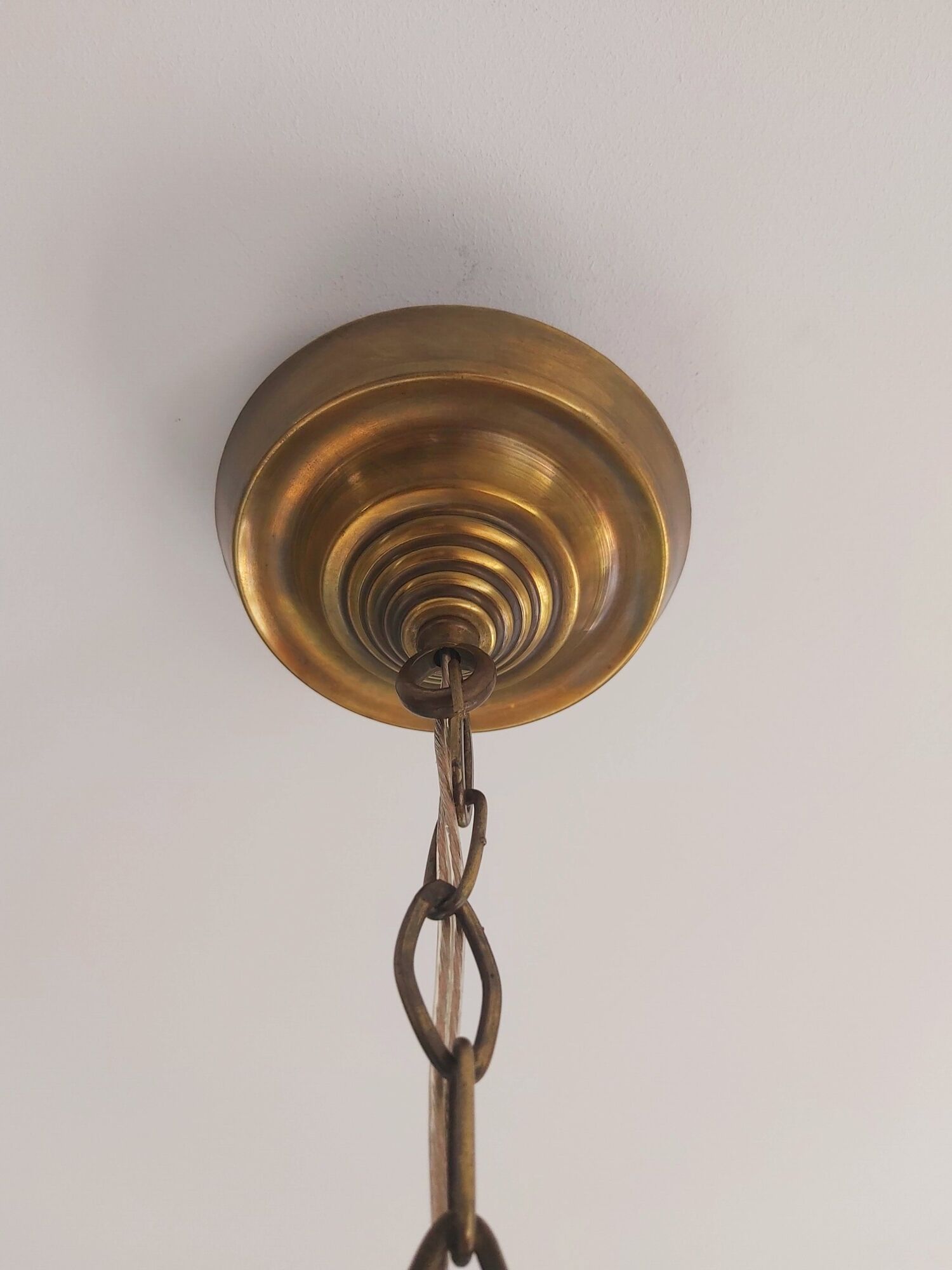 Holophane pendant lamp in prismatic glass and brass, 1920s-30s