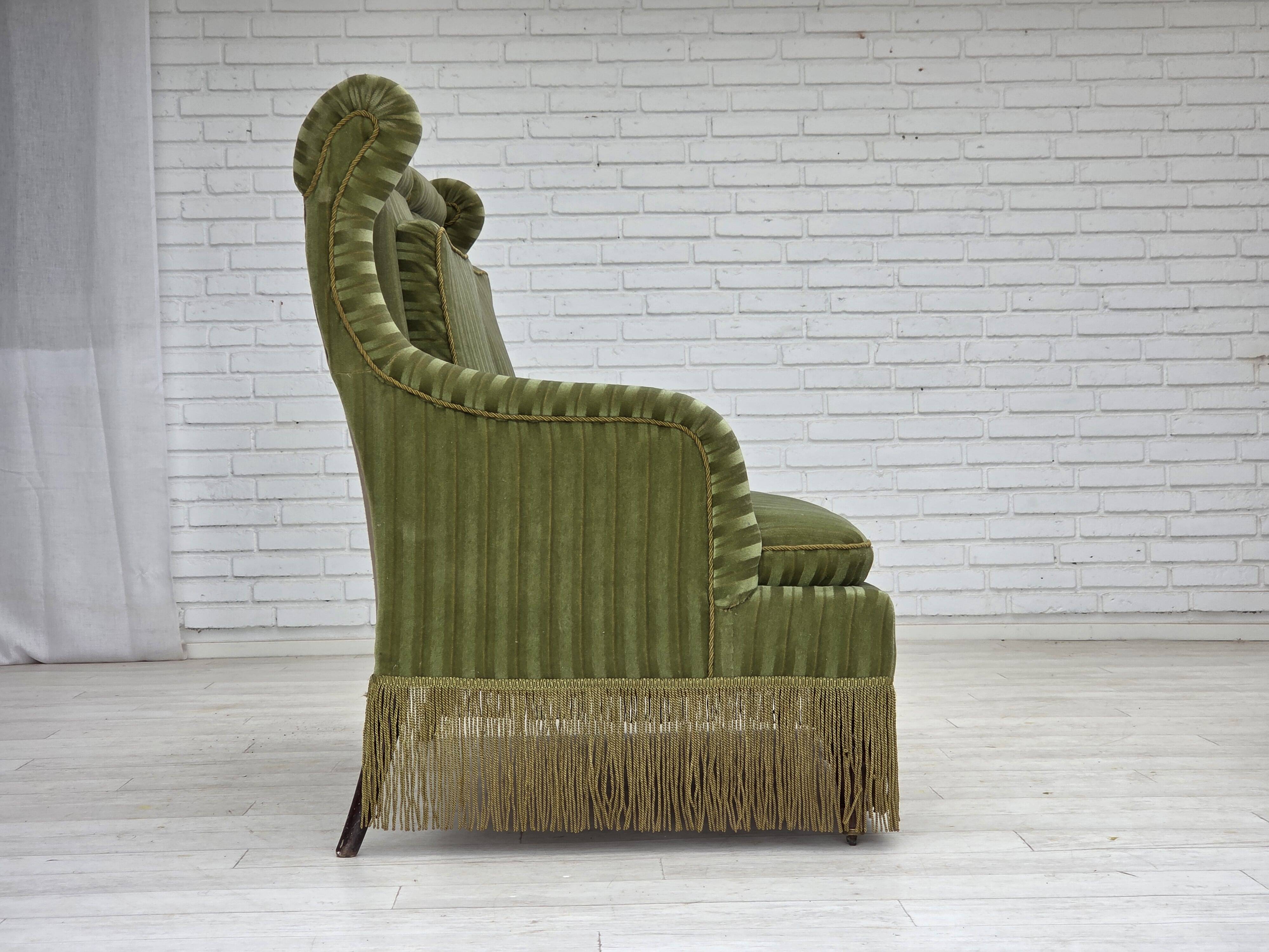 1950s, Danish 2-seater sofa, green furniture velour, beech wood.