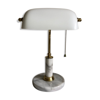 Banker's lamp, white marble and brass foot, Very good condition.