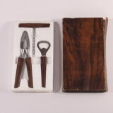 Teak wooden bottle opener, corkscrew and nutcracker set