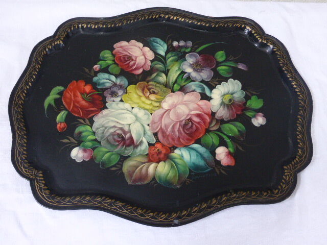 Bohemian and folk this metal tray painted with multicoloured flowers painted hand, russian vintage