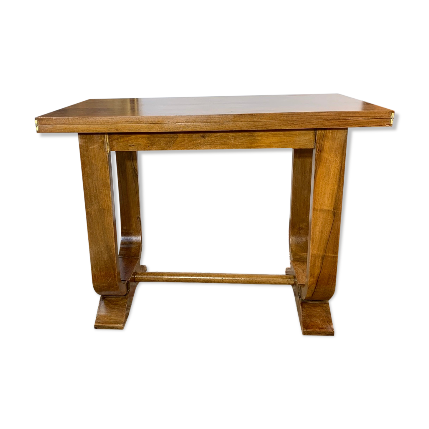 Table époque art déco à plateau ouvrant loupe de noyer