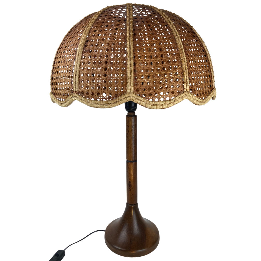 Lampe de table d’abat-jour de champignon en fausse toile de bambou, années 1960