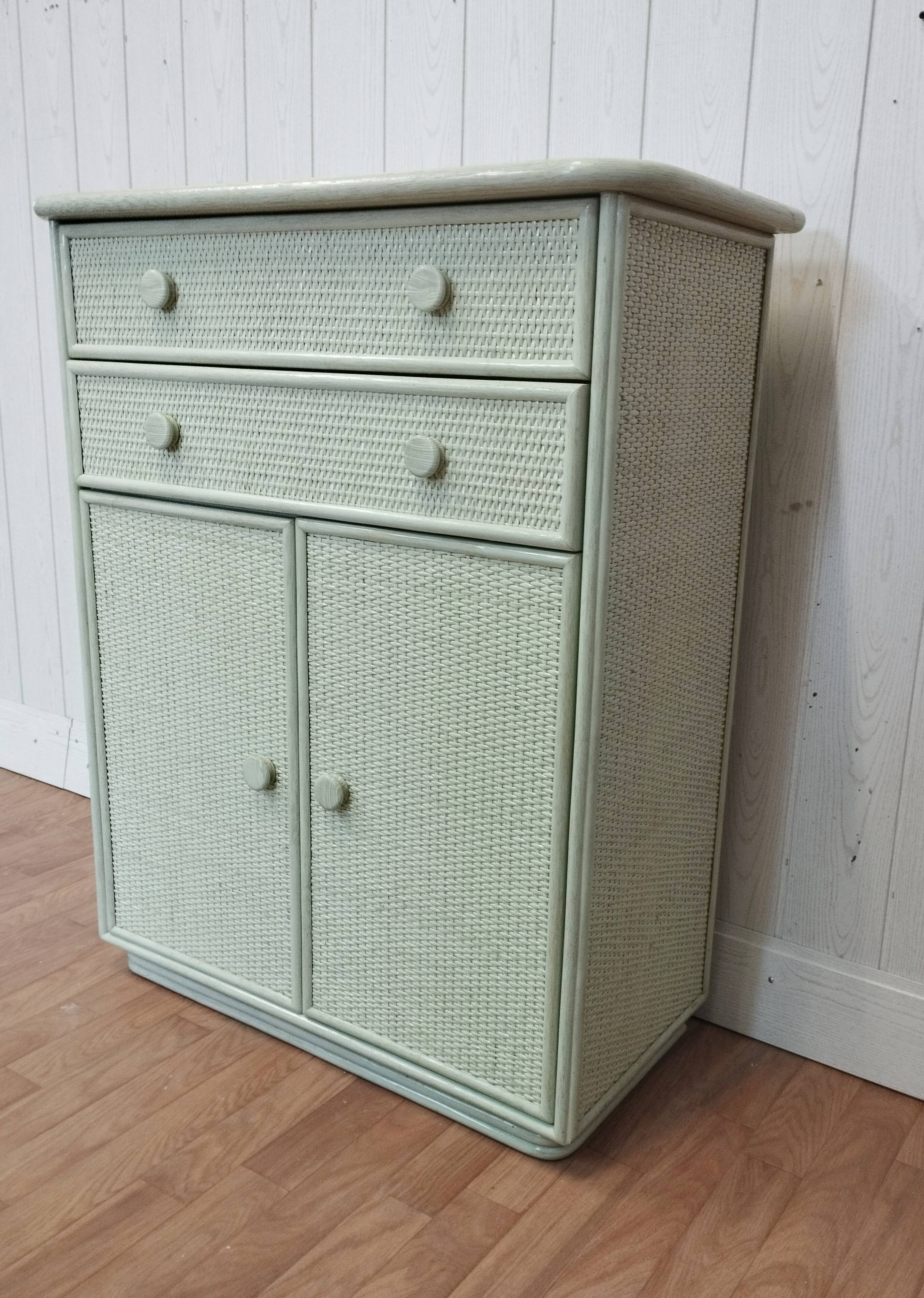 Vintage rattan woven and solid wood sideboard