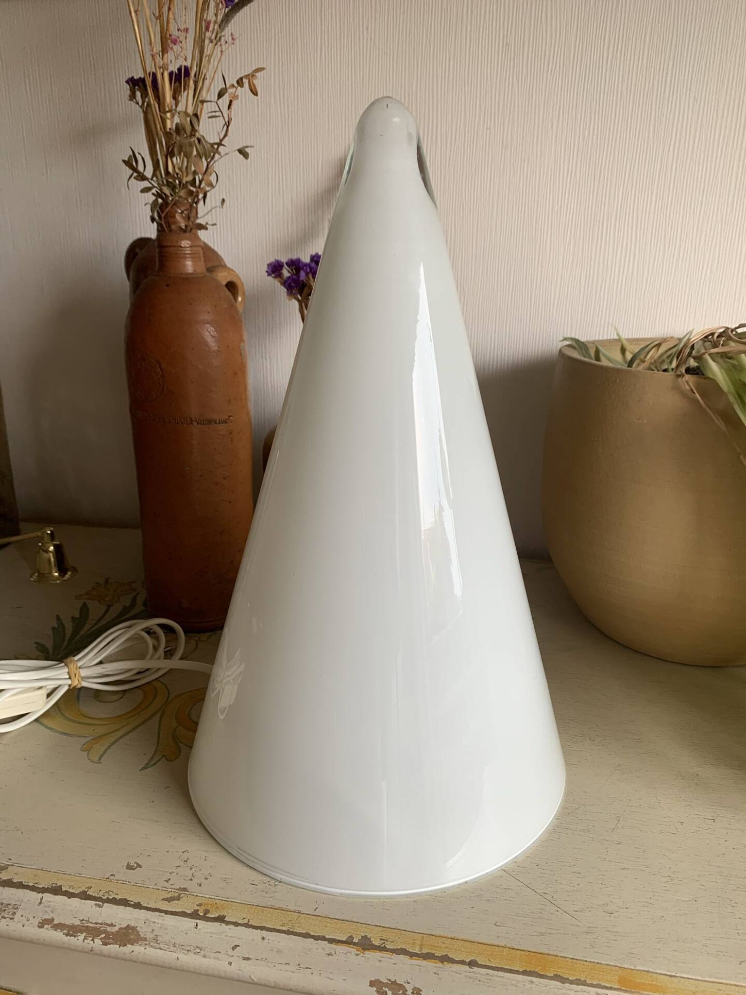 Vintage cone lamp in white opaline glass – SCE edition, France 1980s