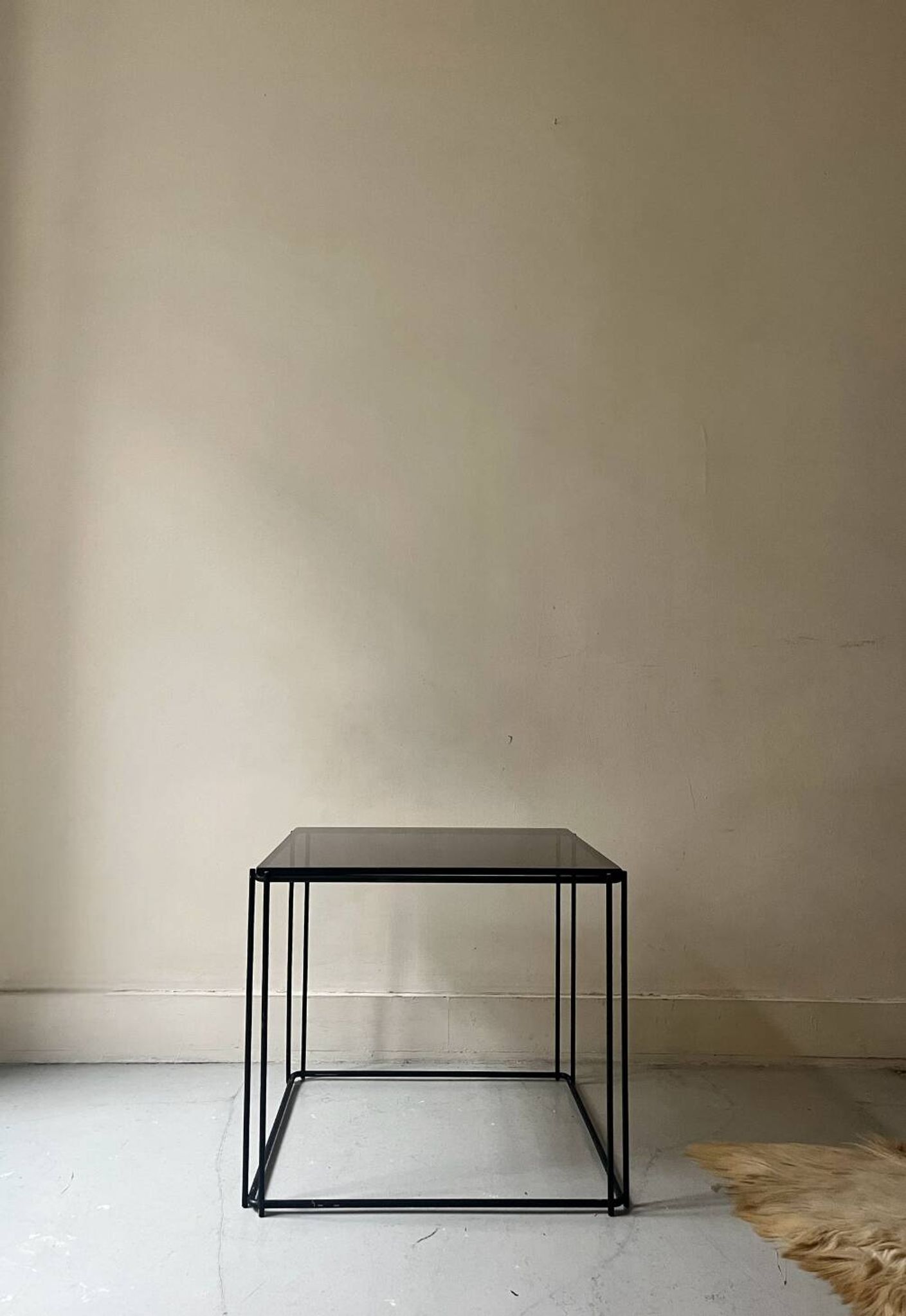 Black metal and smoked glass wire coffee table, 1970s design