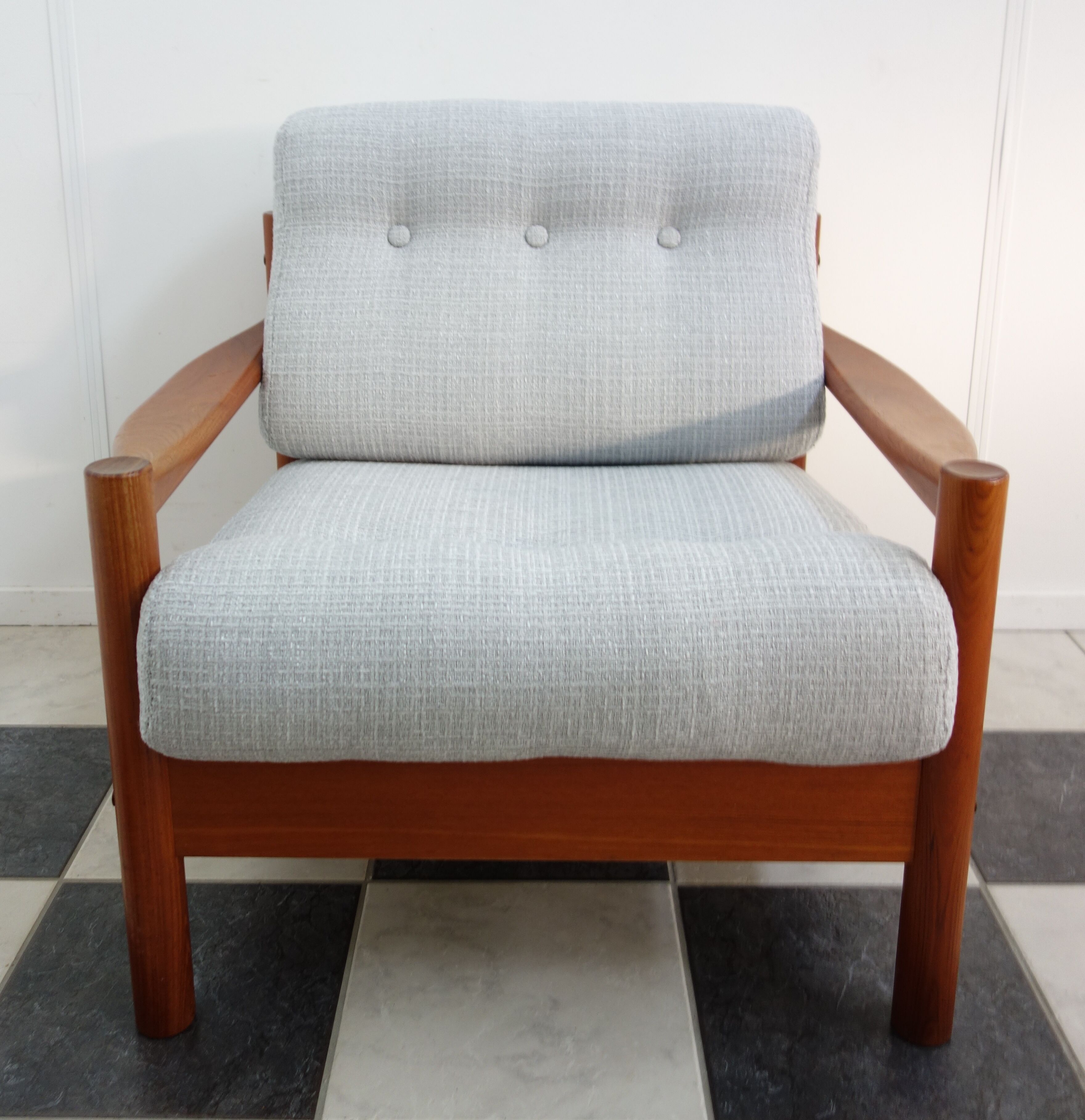 Teak danish chair with light grey upholstery