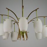 Midcentury 9-Arm Brass Chandelier with  Lacquer & Opaline Glass. Italy 1950