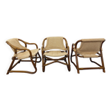 Suite de 3 fauteuils danois vintage esprit safari de Horsnæs Møbelfabrik en rotin et tissu des année