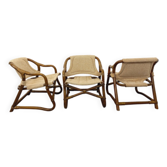 Suite de 3 fauteuils danois vintage esprit safari de Horsnæs Møbelfabrik en rotin et tissu des année