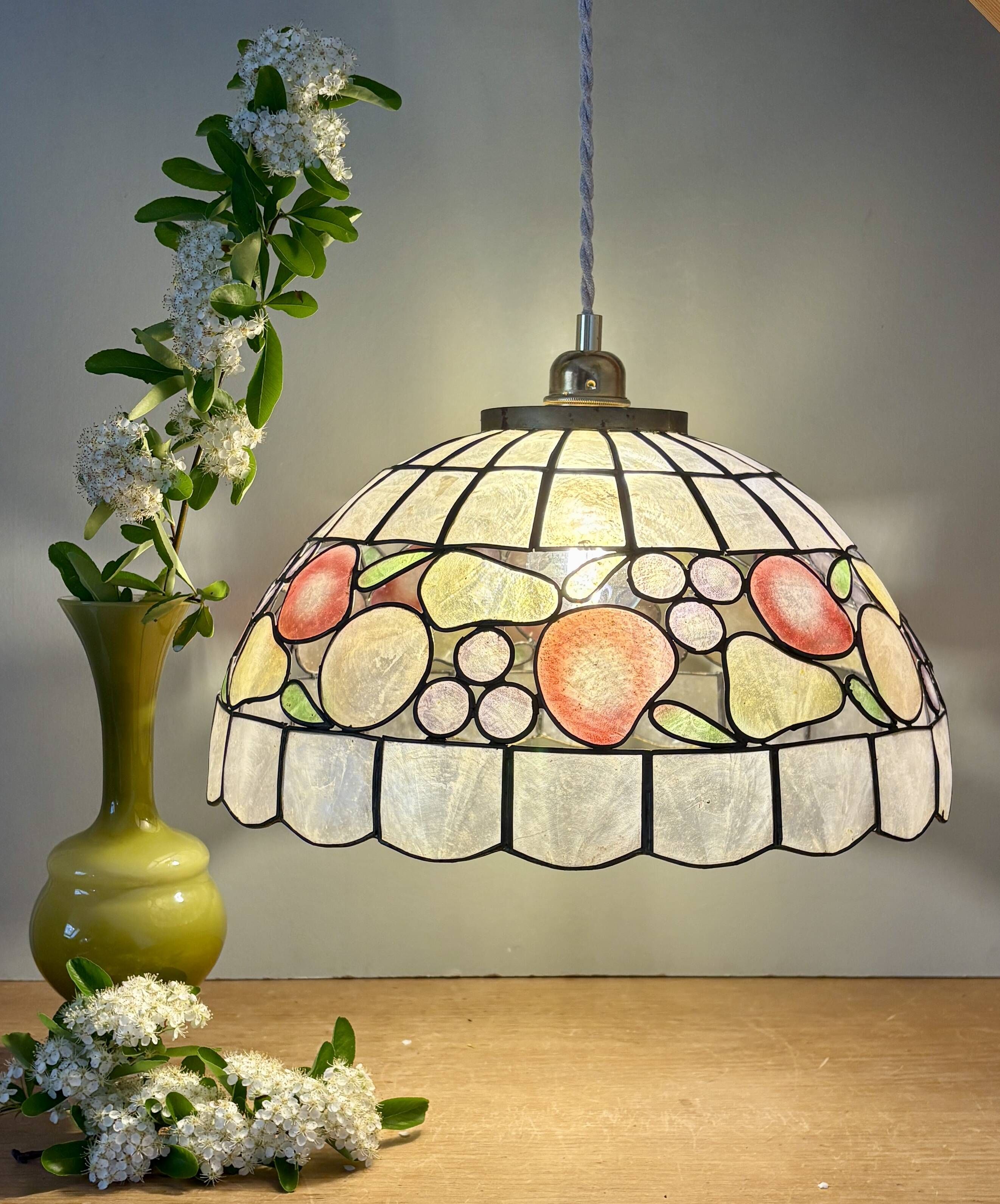 Vintage mother-of-pearl and brass pendant lampshade with fruit decorations