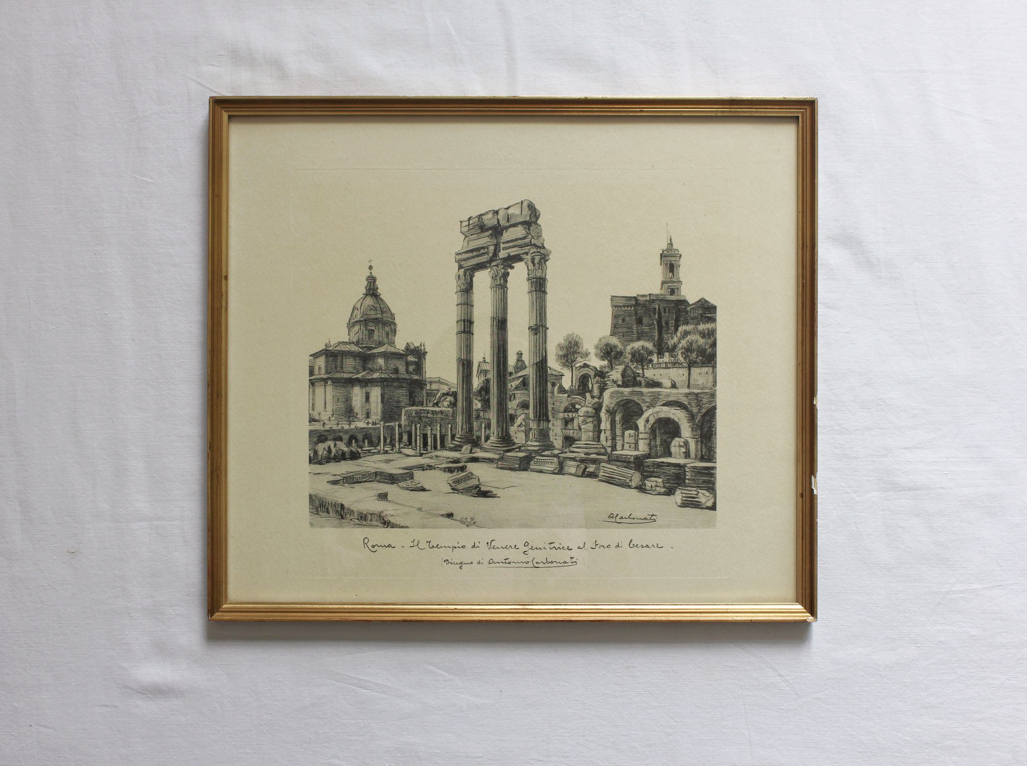 Framed lithograph reproduction drawing ruins of Rome by Antonio Carbonati vintage