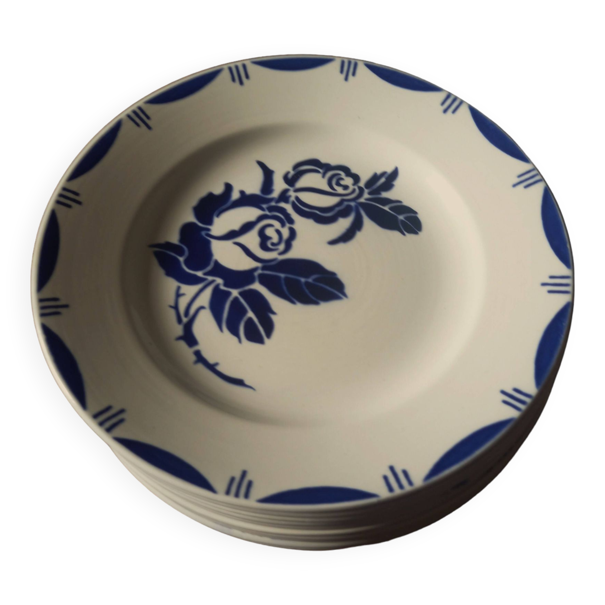 10 assiettes plates roses bleus Bastia Sarreguemines Art Déco