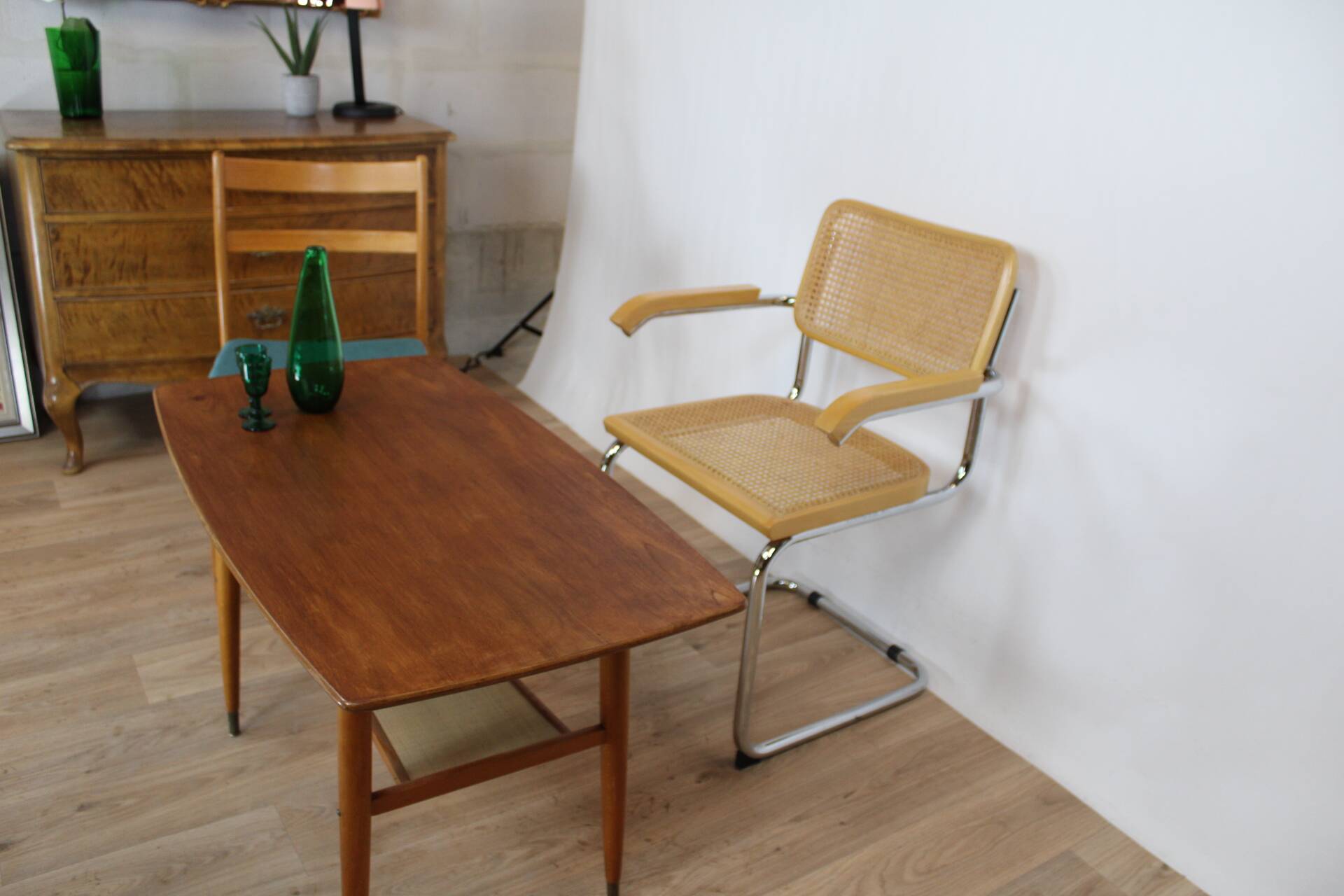 Table basse en teck vintage double plateau 1960 suede