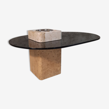 Coffee table with tray - travertine and glass - vintage.